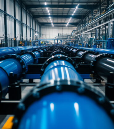 A bustling PE pipe plant with massive industrial polyethylene pipes featuring blue lines for gas and water, arranged neatly in rows, showcasing the scale of HDPE pipe production.